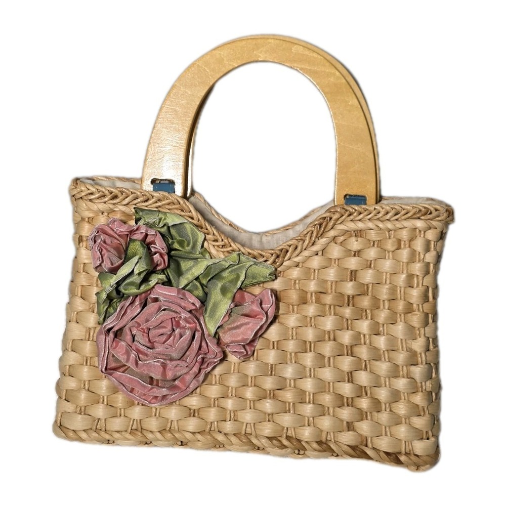 Woven Straw‎ Tote Bag with Ribbon Roses Flowers and Wooden Handles